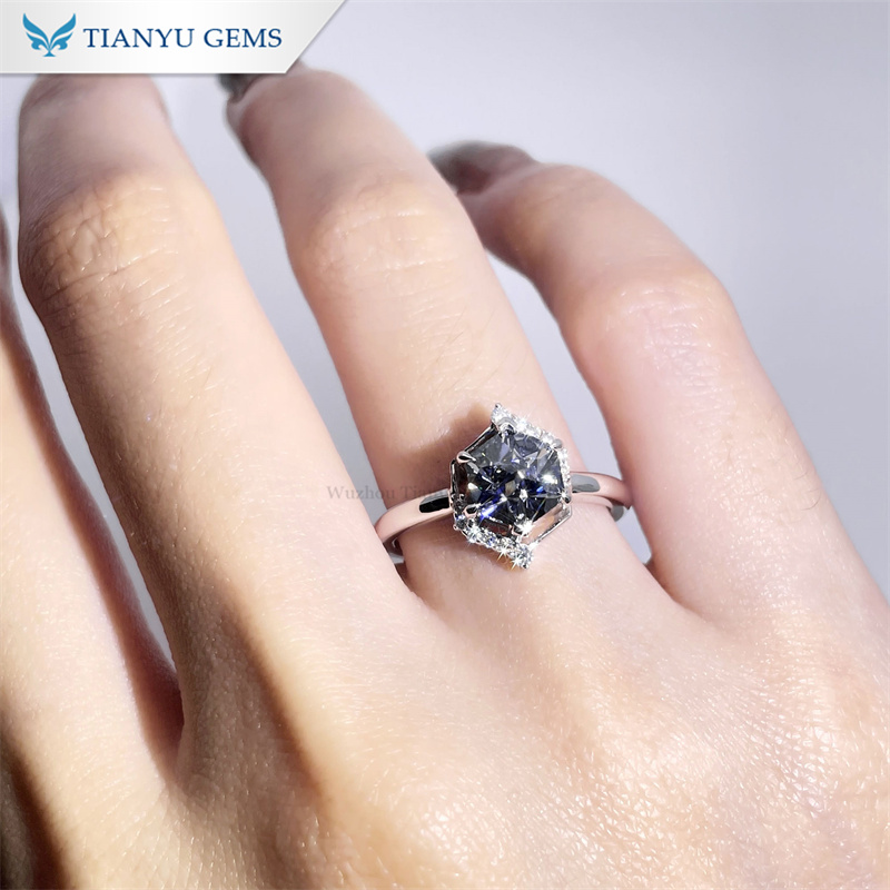 Tianyu Gems Hexagon Gray Diamond Ring 14k White Gold Engagement Ring 4