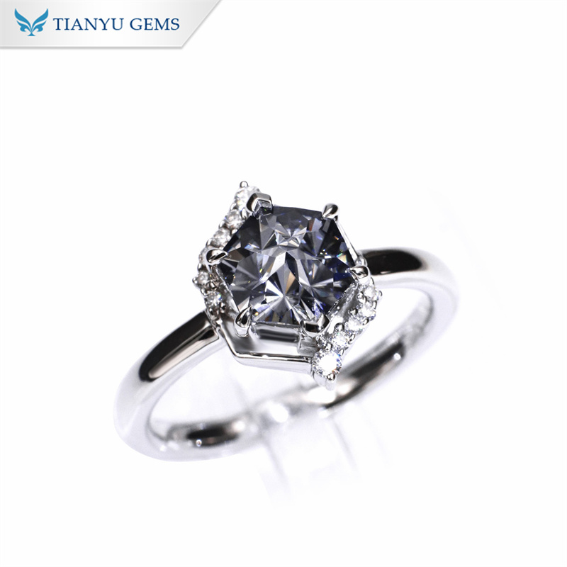 Tianyu Gems Hexagon Gray Diamond Ring 14k White Gold Engagement Ring 6