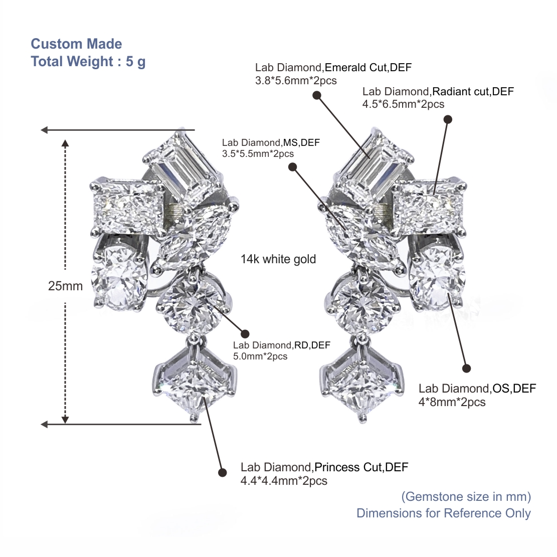 Tianyu Gems Ohrhänger mit gemischtem Schliff, 14 Karat Weißgold, mit im Labor gezüchteten Diamanten 5