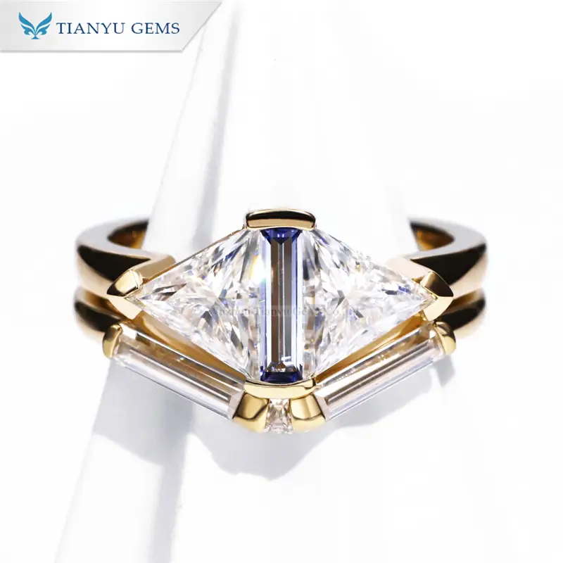 Tianyu Gmes 14k sapphire &amp; triangle moissanite wedding ring set 1