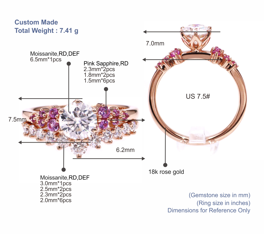 Tianyu Gems Round Moissan Diamond Ring Set Pink Sapphire 18k Rose Gold Wedding Band 5