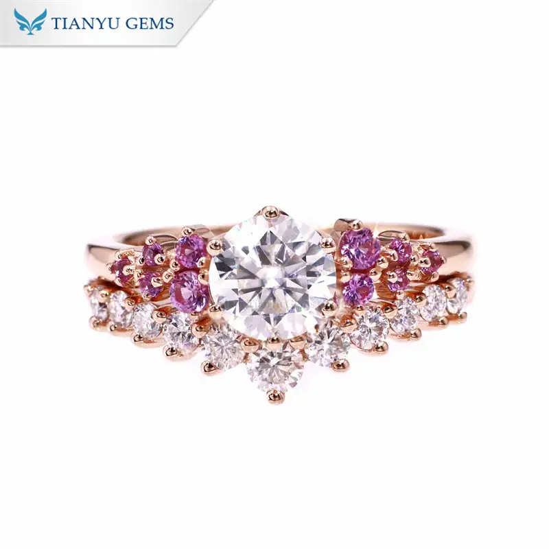 Tianyu Gems Round Moissan Diamond Ring Set Pink Sapphire 18k Rose Gold Wedding Band 1