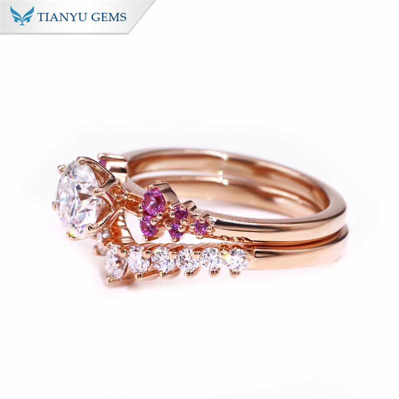 Tianyu Gems Round Moissan Diamond Ring Set Pink Sapphire 18k Rose Gold Wedding Band 6