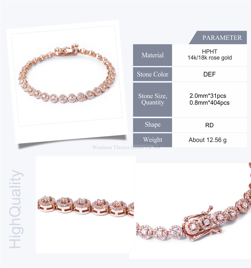 Tianyu Custom 10k/14k/18K Solid Rose Gold Tennis Bracelet 6inch 7inch 8inch Lab Diamond Wedding Bracelets