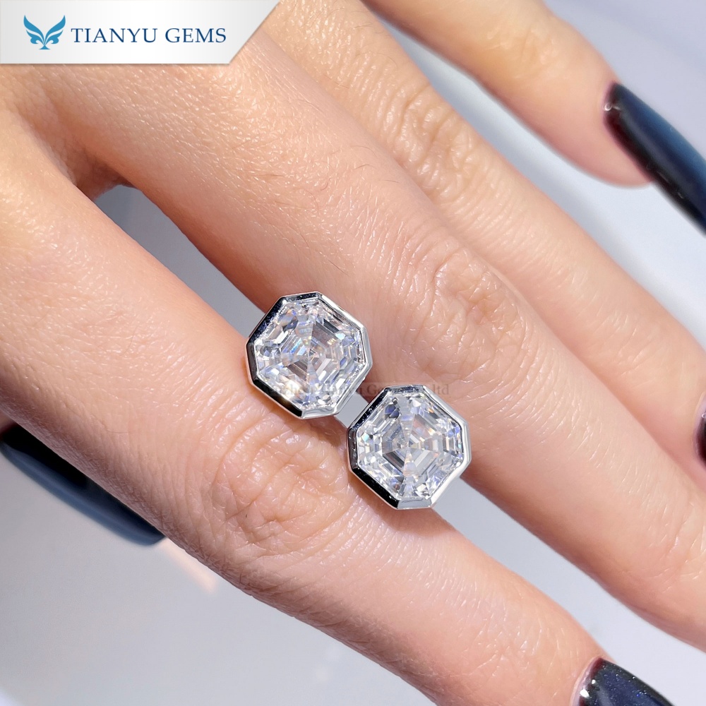Bông tai đính đá Moissanite cắt kiểu Asscher và kim cương của Tianyu Gems, vàng trắng 14k, dành cho nữ. 2