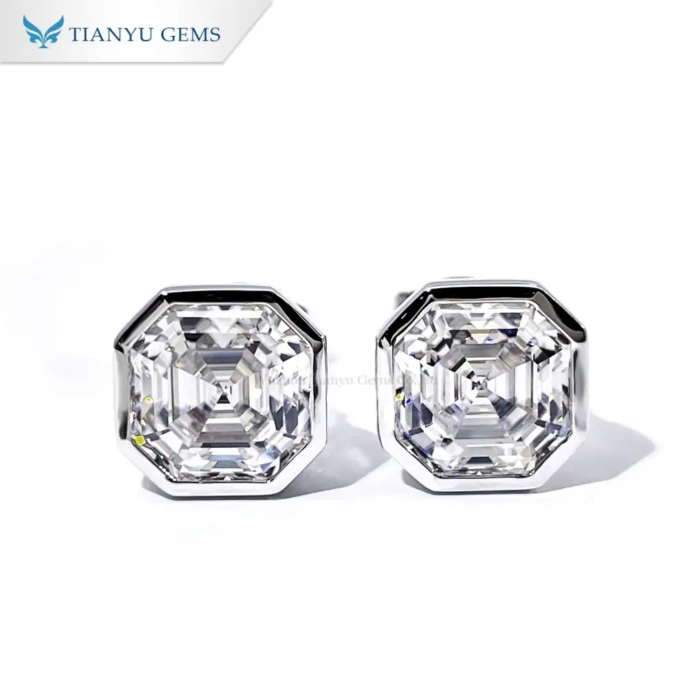 Bông tai đính đá Moissanite cắt kiểu Asscher và kim cương của Tianyu Gems, vàng trắng 14k, dành cho nữ. 1