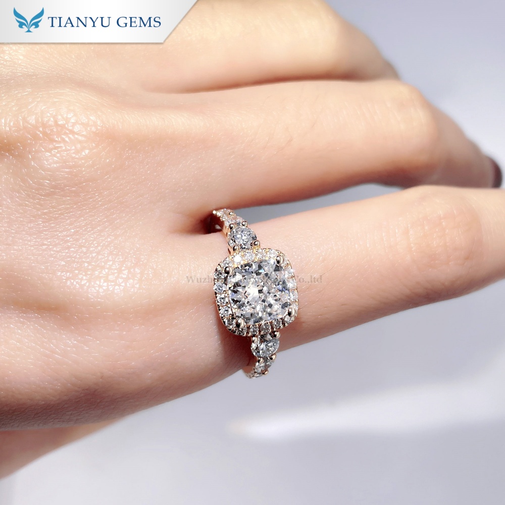 Tianyu Gems Cushion Cut Halo Engagement Ring 14k Yellow Gold Lab Grown Diamond Ring 4