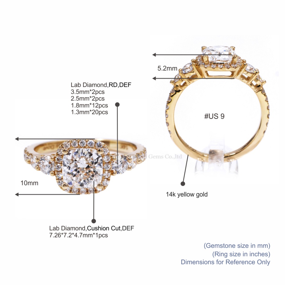 Tianyu Gems Cushion Cut Halo Engagement Ring 14k Yellow Gold Lab Grown Diamond Ring 5