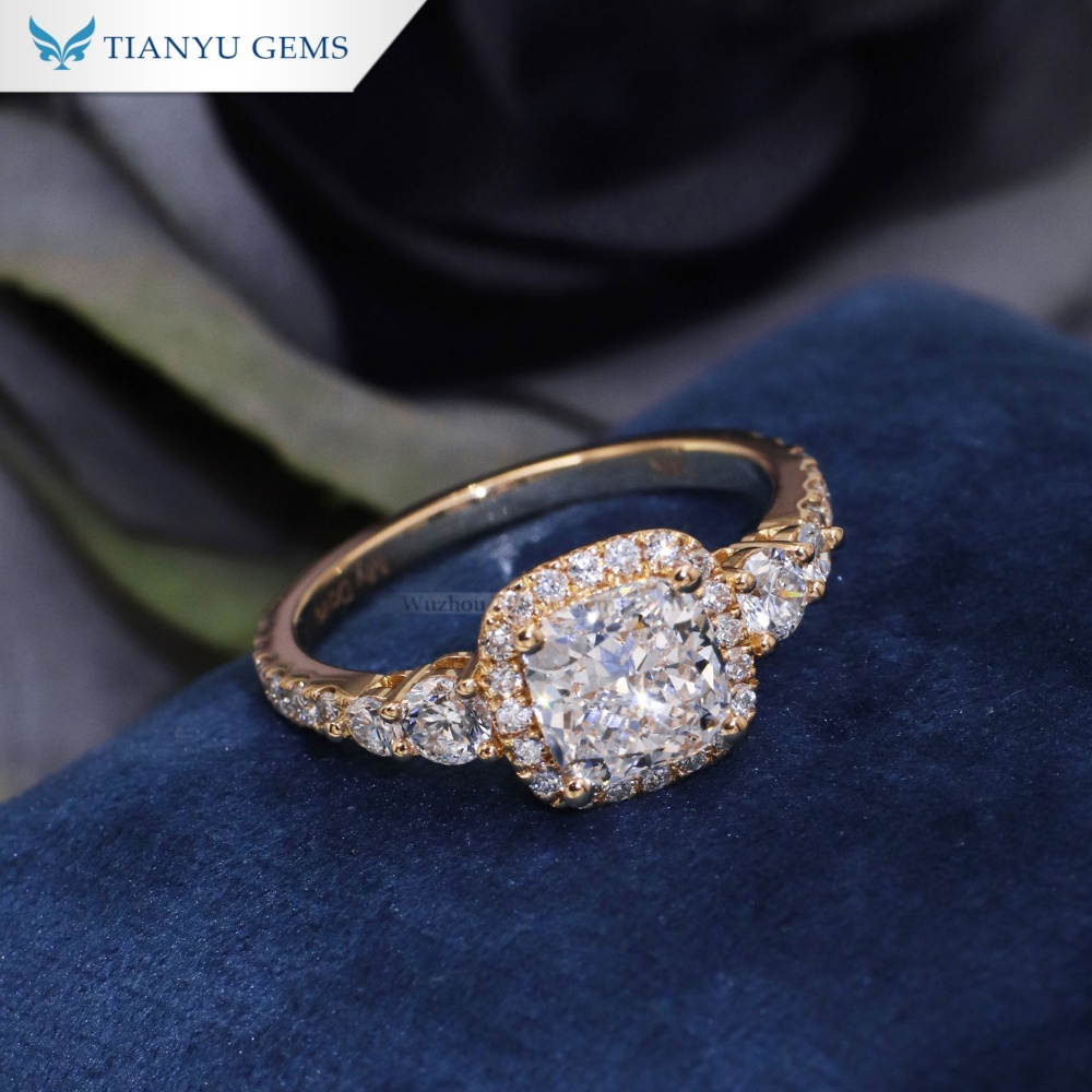 Tianyu Gems Cushion Cut Halo Engagement Ring 14k Yellow Gold Lab Grown Diamond Ring 2