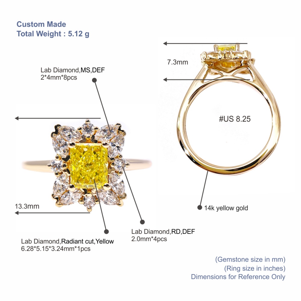 Tianyu Gems  Radiant Cut Lab Grown Yellow Diamond Ring 14k Yellow Gold Ring 5