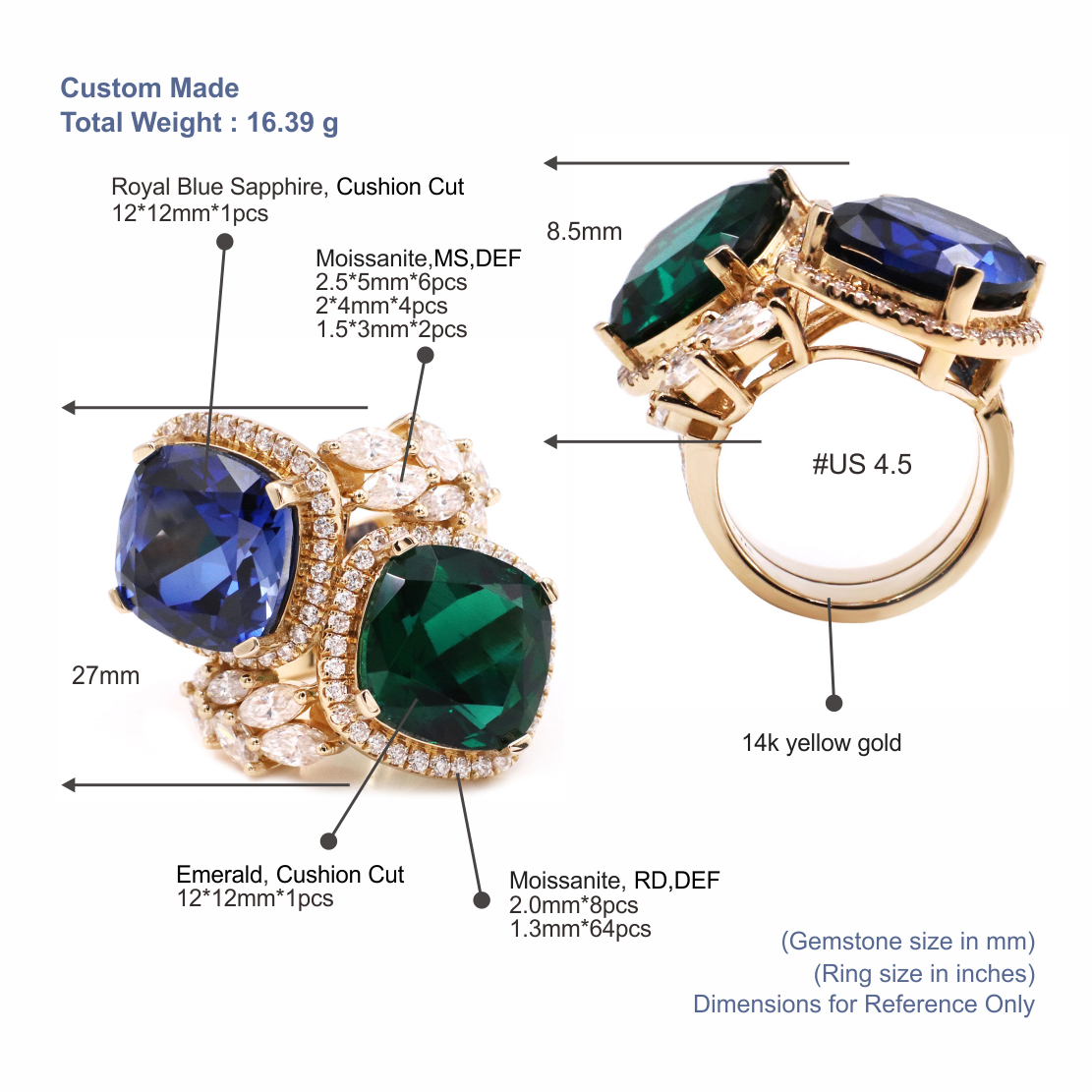 Tianyu Gems Lab Grown Emerald Ring 14k Yellow Gold Sapphire Ring 5