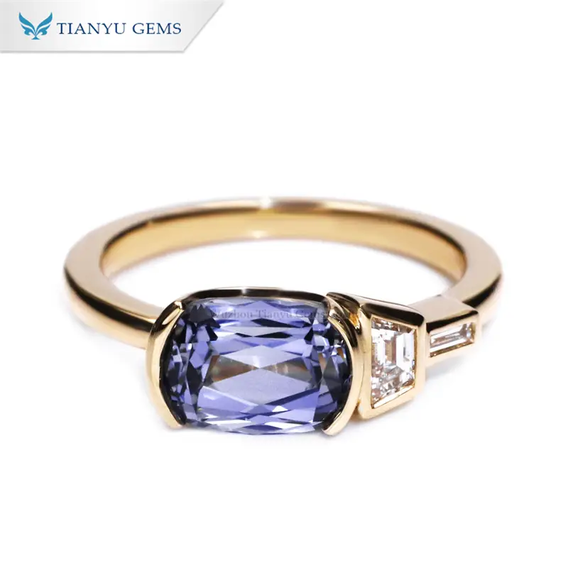 Tianyu Gems Cushion Cut Blue Sapphire Yellow Gold Ring Lab Grown Trapezoid Rectangle Diamond Ring 1