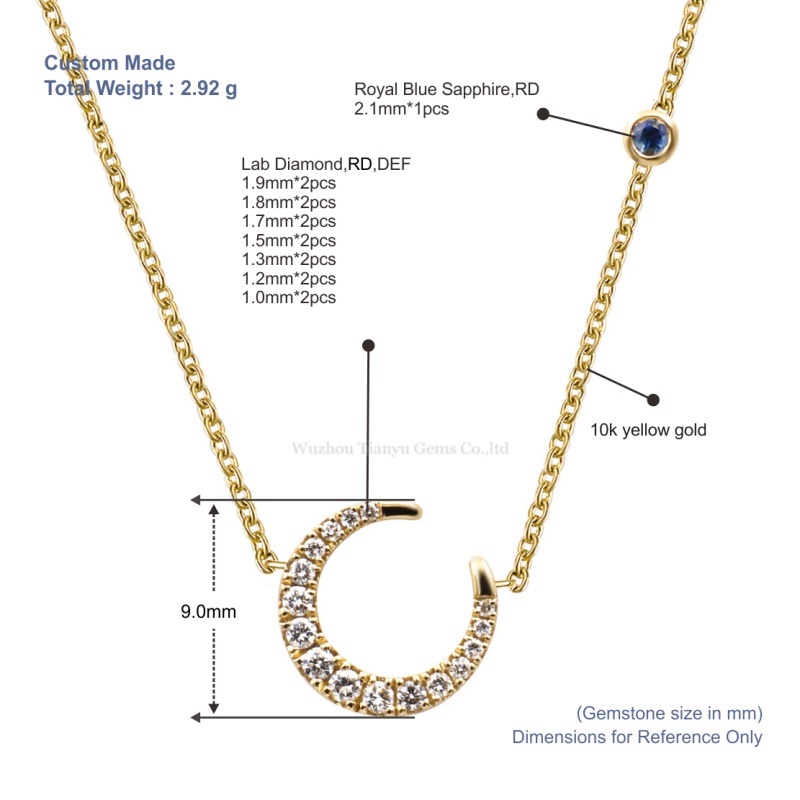 Tianyu Gems Lab Grown Diamond Necklace 10k Yellow Gold Letter C Royal Blue Sapphire Necklace 5