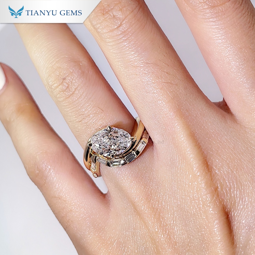 Tianyu Gems Oval Cut Lab Grown Diamond Wedding Band Ring Set 14K Yellow Gold Engagement Ring 4