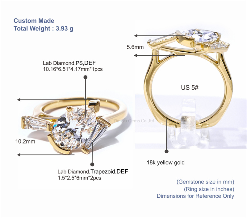 Tianyu Gems Pear Shaped Lab Grown Diamond Ring 14K Yellow Gold Ring 5