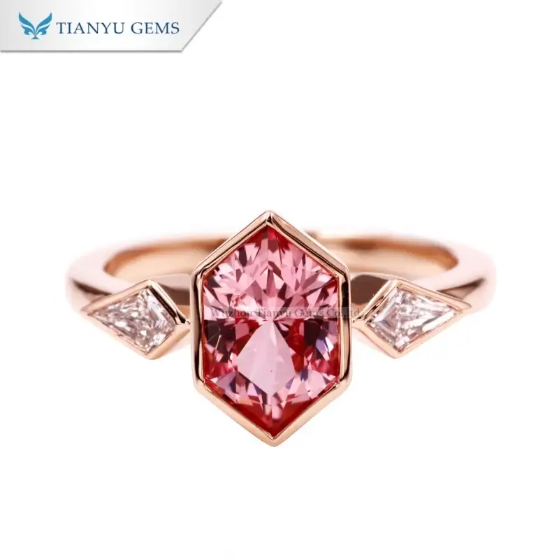 Tianyu Gems Hexagon  Rose Gold Ring 14k Customized Three-stone Pink Sapphire Engagement Ring 1