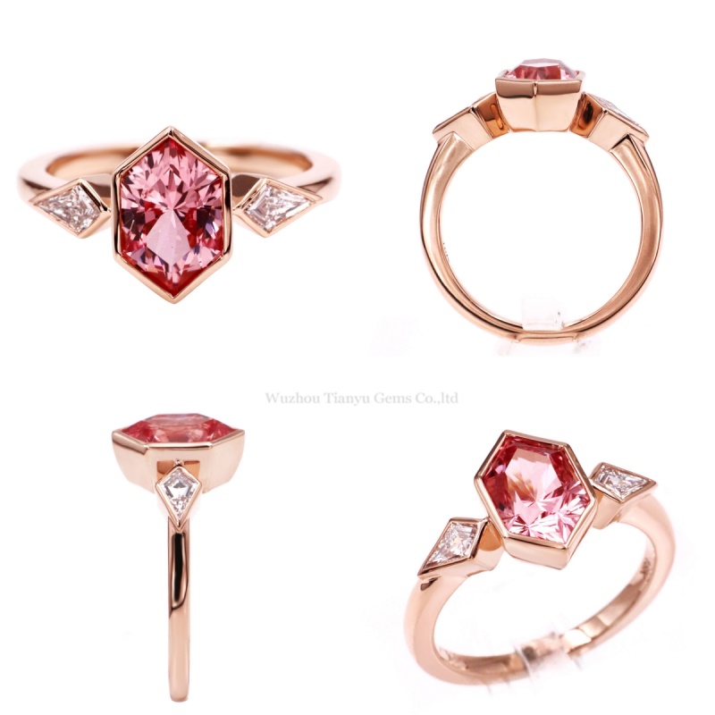 Tianyu Gems Hexagon  Rose Gold Ring 14k Customized Three-stone Pink Sapphire Engagement Ring 6