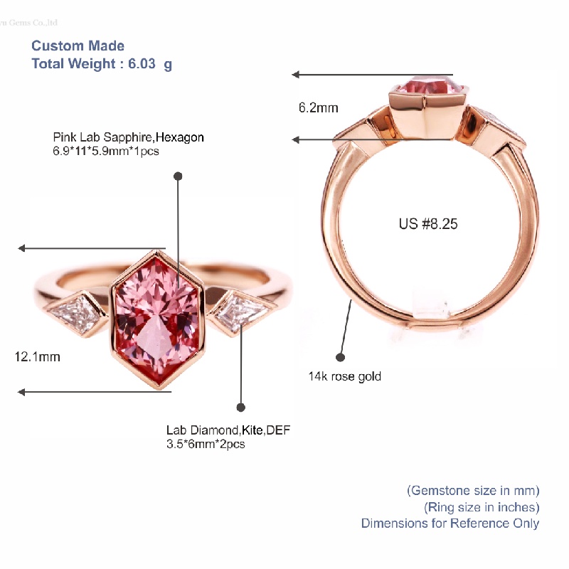 Tianyu Gems Hexagon  Rose Gold Ring 14k Customized Three-stone Pink Sapphire Engagement Ring 5