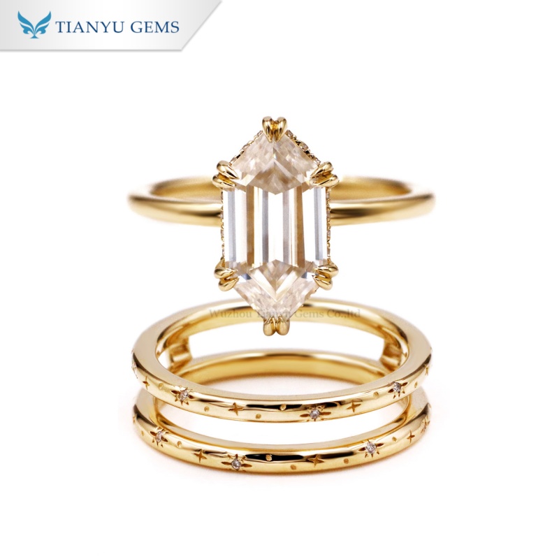 Tianyu Gems Rhombus Diamond Ring Set 10k Yellow Gold Moissanite Engagement Ring 3