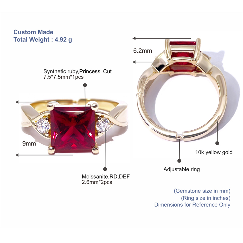 Tianyu Gems Princess Cut Ruby Yellow Gold Women's Ring 10K Gold Ring 4