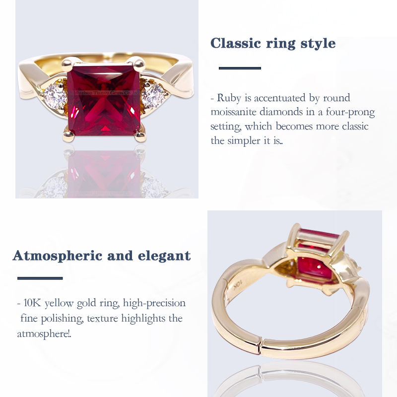 Tianyu Gems Princess Cut Ruby Yellow Gold Women's Ring 10K Gold Ring 3