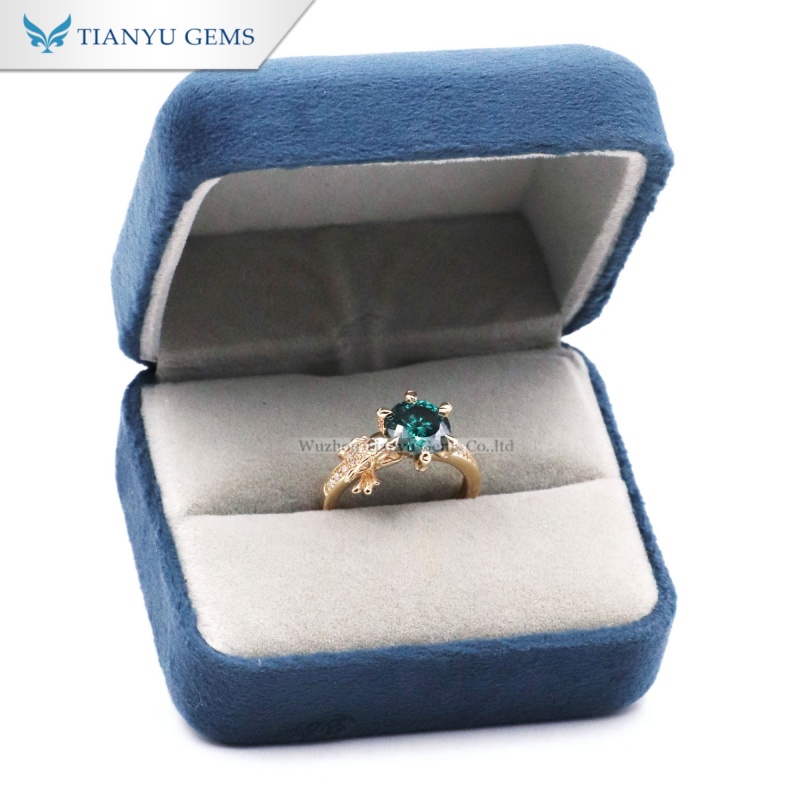 Tianyu Gems  Round Cut Green Moissanite Ring 10k Yellow Gold  Moissanite Engagement Ring 7