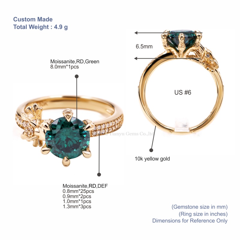 Tianyu Gems  Round Cut Green Moissanite Ring 10k Yellow Gold  Moissanite Engagement Ring 5