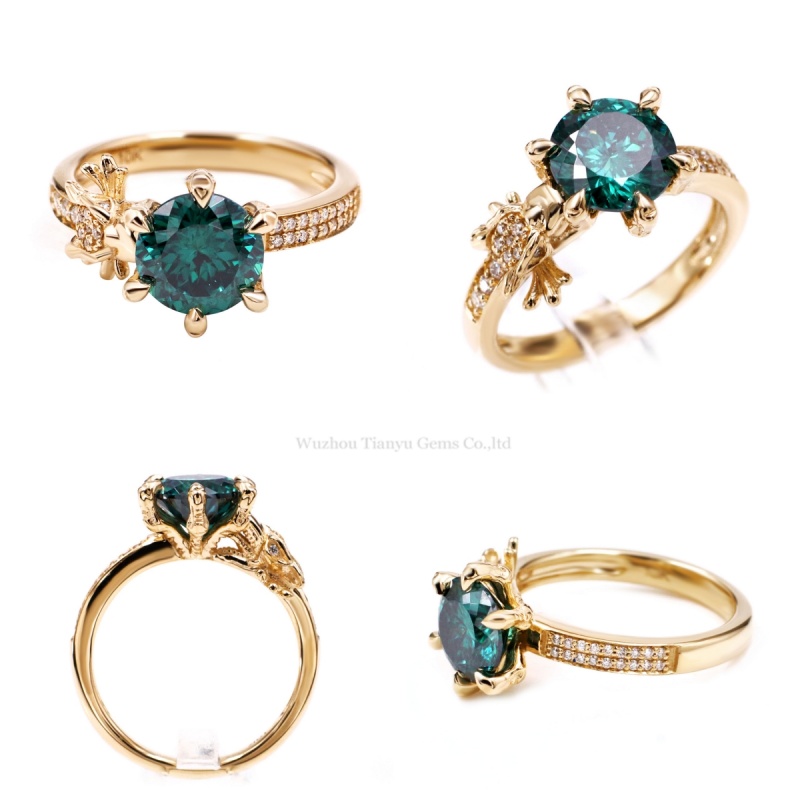 Tianyu Gems  Round Cut Green Moissanite Ring 10k Yellow Gold  Moissanite Engagement Ring 6