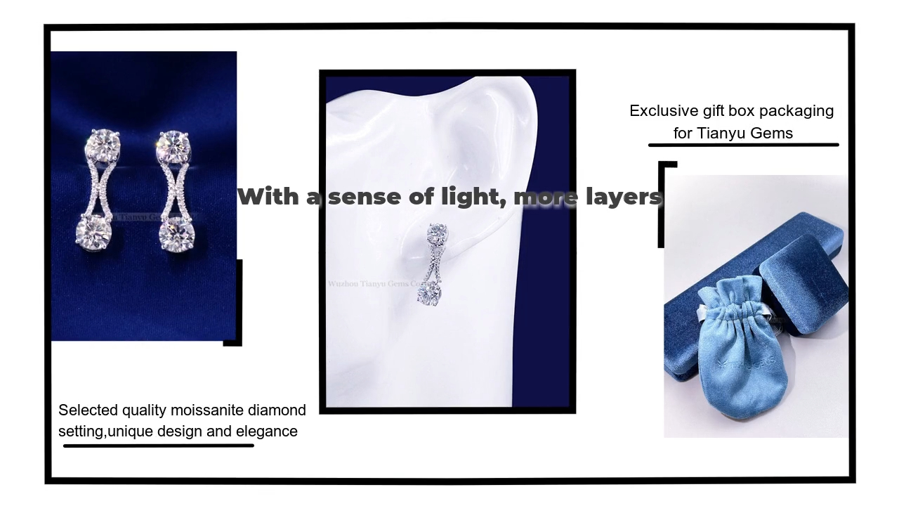 Tianyu Gems white gold with moissanite diamonds simple niche female ins style earrings double diamond earrings 4