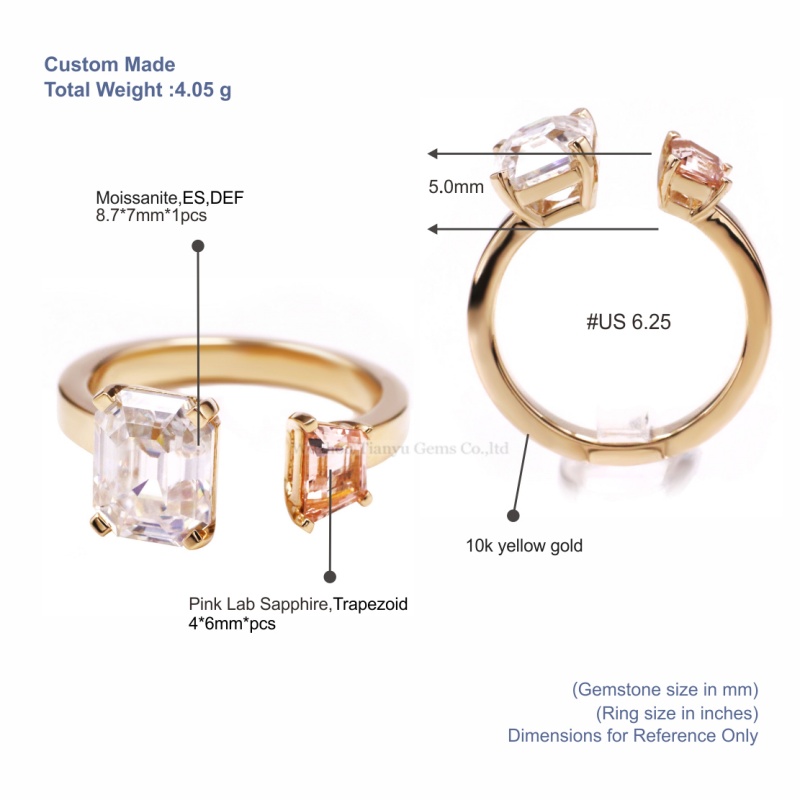 Tianyu Gems Open Cuff Engagement Ring Pink Lab Sapphire & Moissanite Ring 5