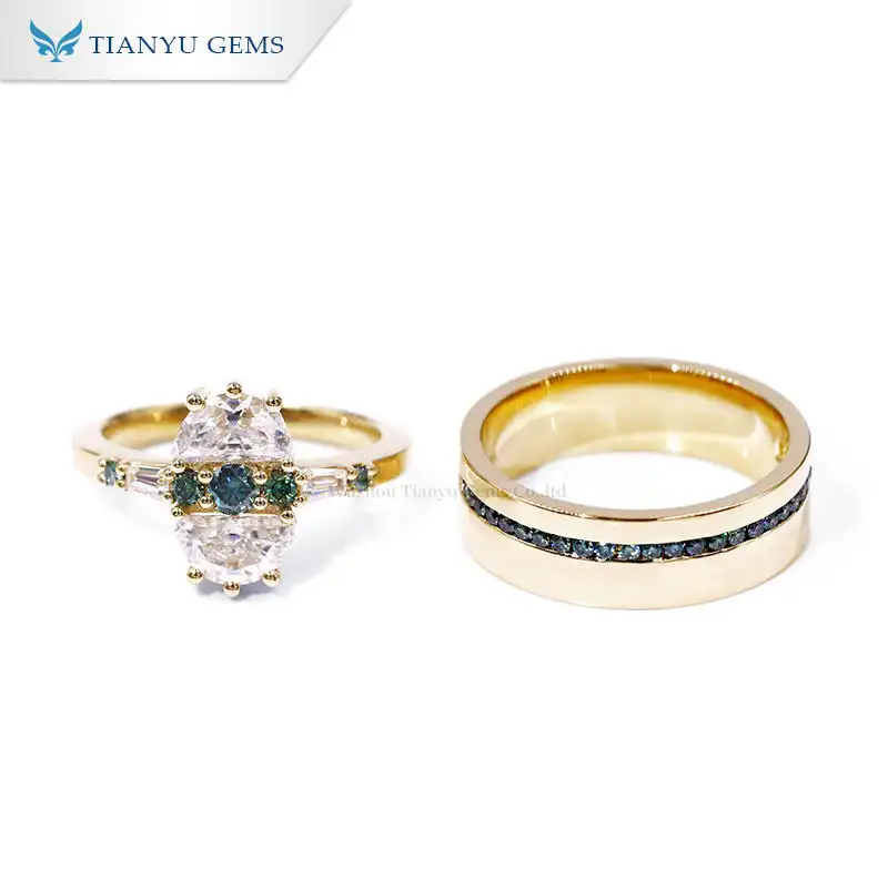 Tianyu gems yellow gold material moon shape moissanite special design couple rings 1