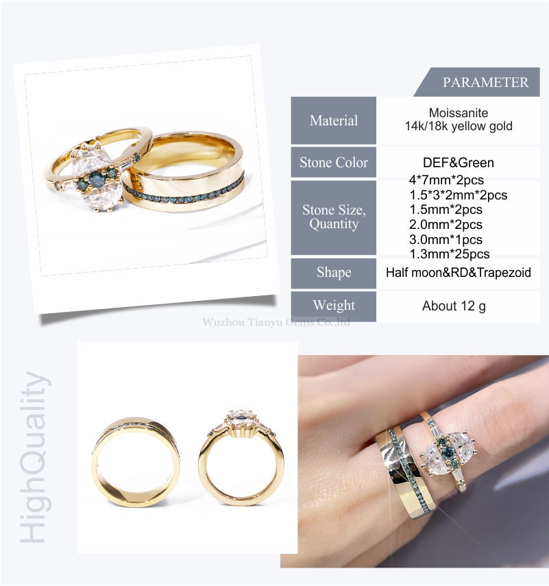 Tianyu gems yellow gold material moon shape moissanite special design wedding ring set
