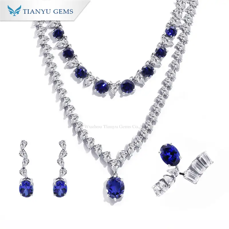 Tianyu Gems 14K White Gold Earring, Ring, and Pendant Necklace 3-Piece Lab Grown Blue Sapphire Jewelry Set 1