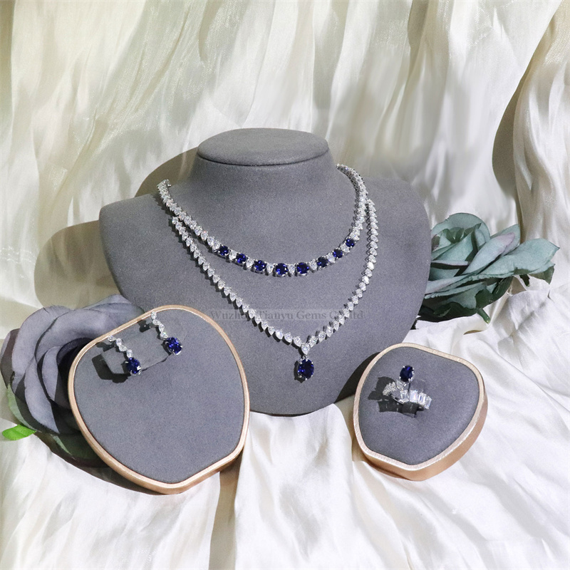 Tianyu Gems 14K White Gold Earring, Ring, and Pendant Necklace 3-Piece Lab Grown Blue Sapphire Jewelry Set 6