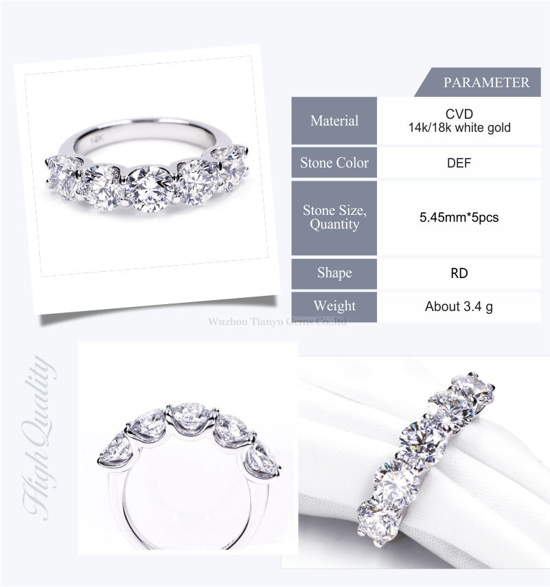 Tianyu gems real fine white gold jewelry 5 stones round cut HPHT lab diamond 7