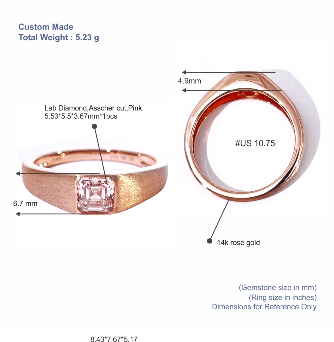 Bague Tianyu Gems Asscher en or rose 14 carats avec diamant rose de laboratoire, finition brossée. 5