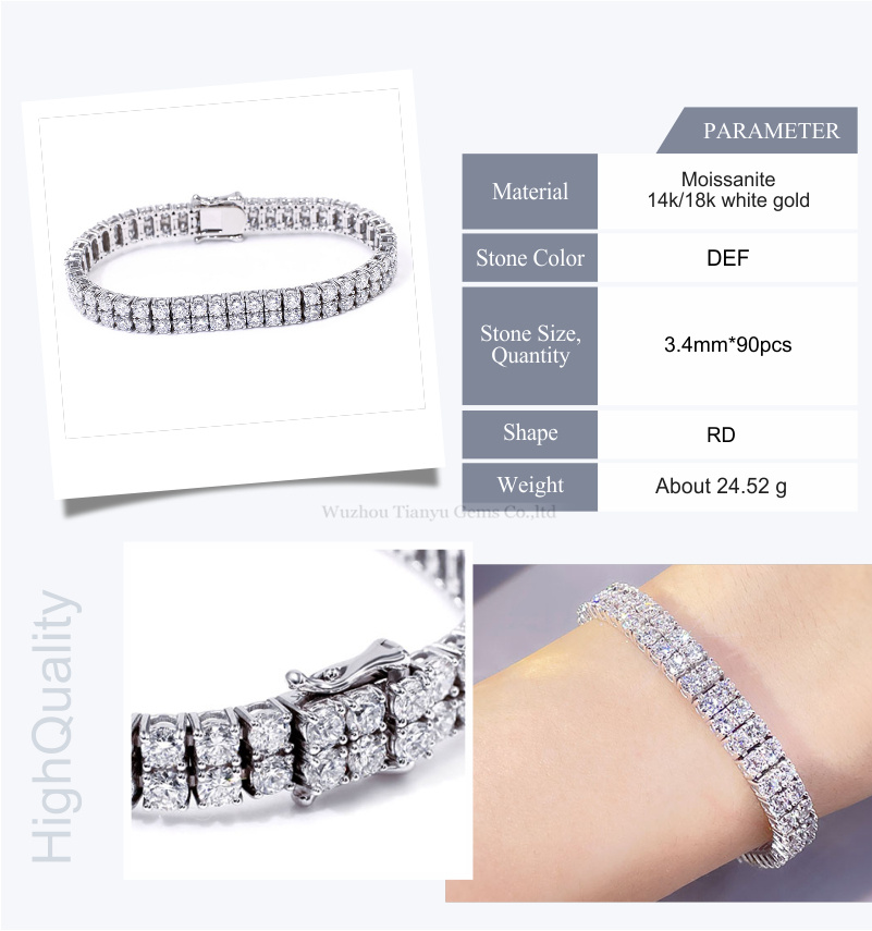 Tianyu CharmJewelry Bracelet 2 Rows Lab Grown Moissanite Diamond Solid Gold Tennis Bracelet For Women