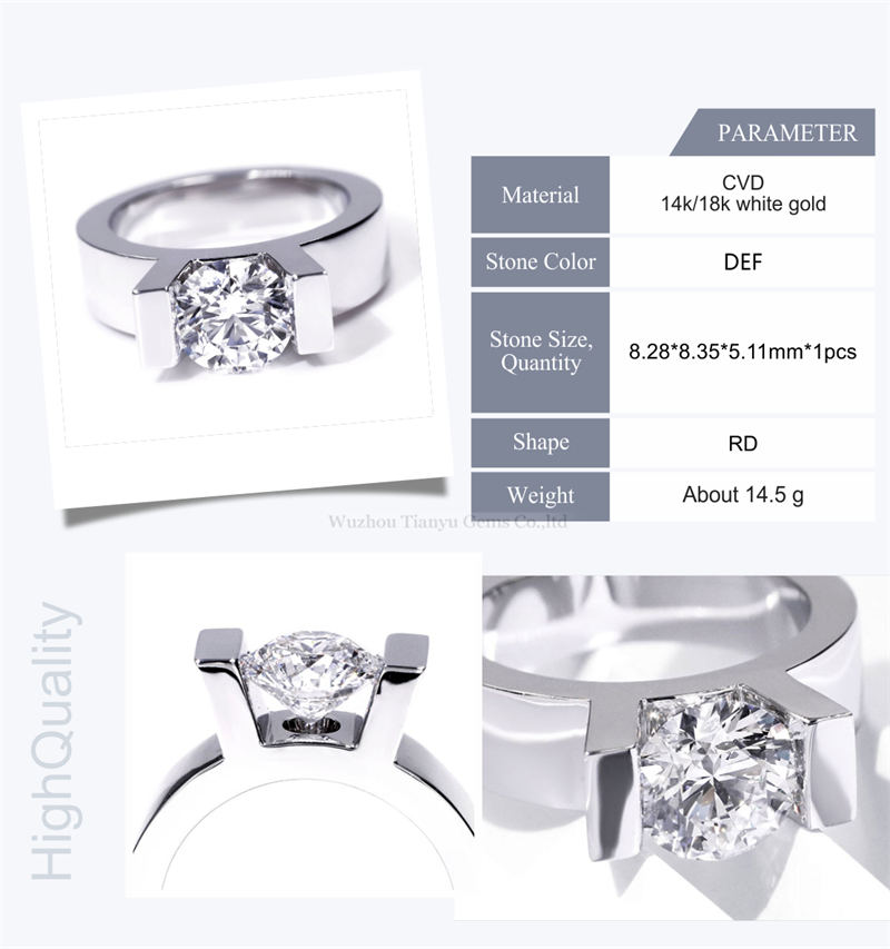 Tianyu Gems Personalized 2ct Round Brilliant Cut CVD Lab Created Diamond Gold Ring Jewelry For Men 7