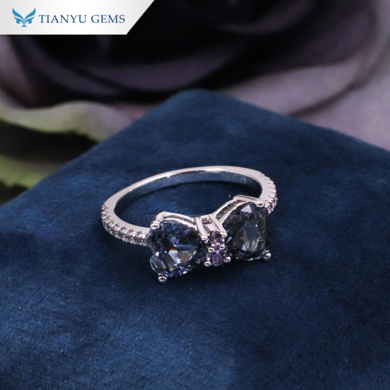 Tianyu Gems Lab-created Alexandrite Bow Ring Heart Cut Gemstone Ring 2