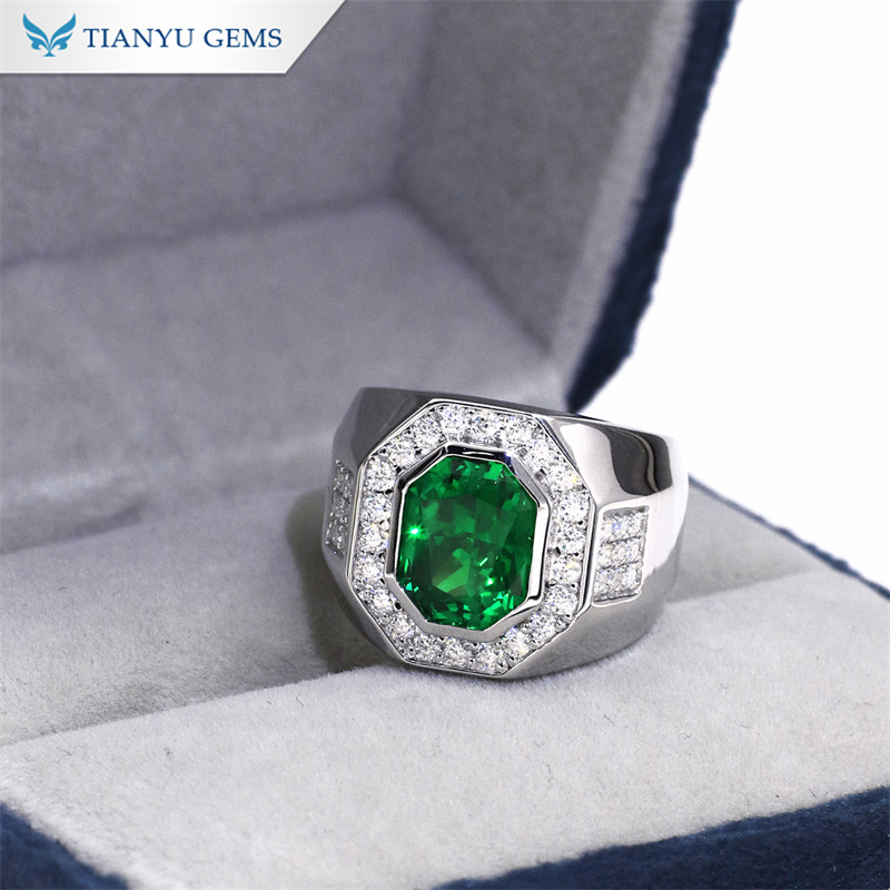 Tianyu Gems Octagon Cut  Emerald Mens Ring Moissanite Diamond Men Wedding Band Ring 7