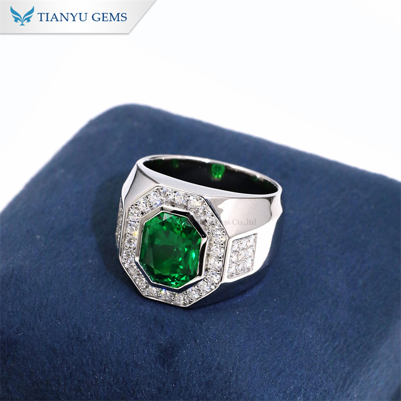 Tianyu Gems Octagon Cut  Emerald Mens Ring Moissanite Diamond Men Wedding Band Ring 2
