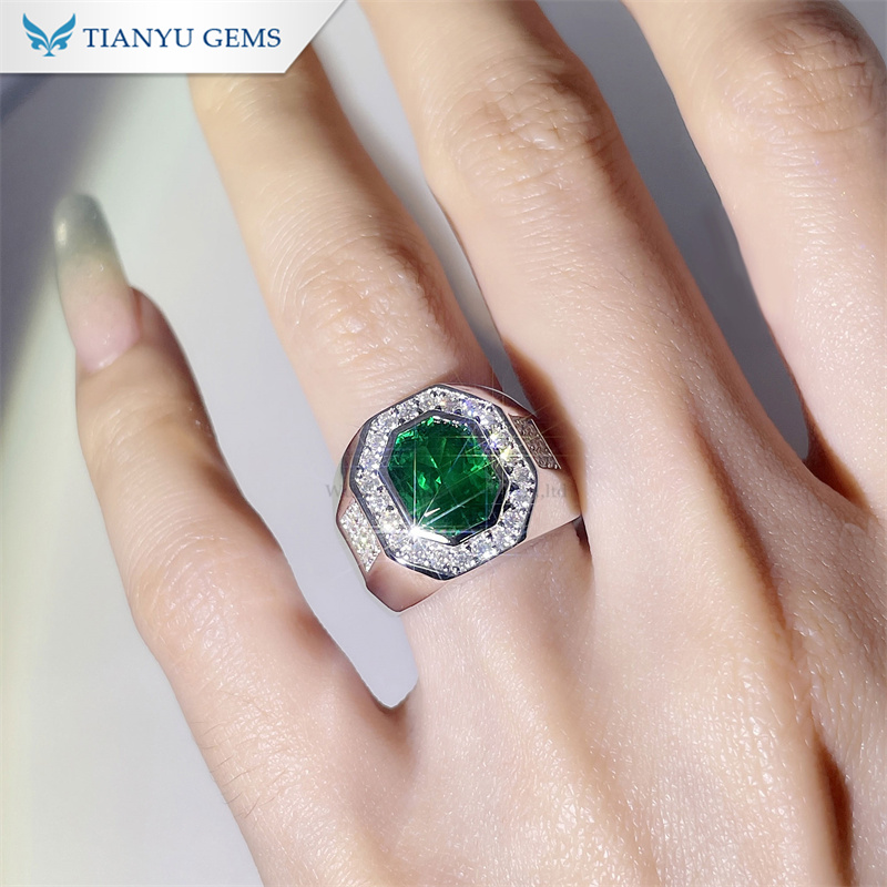 Tianyu Gems Octagon Cut  Emerald Mens Ring Moissanite Diamond Men Wedding Band Ring 4