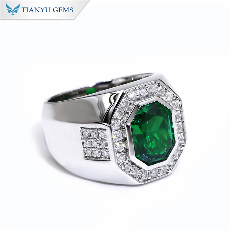 Tianyu Gems Octagon Cut  Emerald Mens Ring Moissanite Diamond Men Wedding Band Ring 6