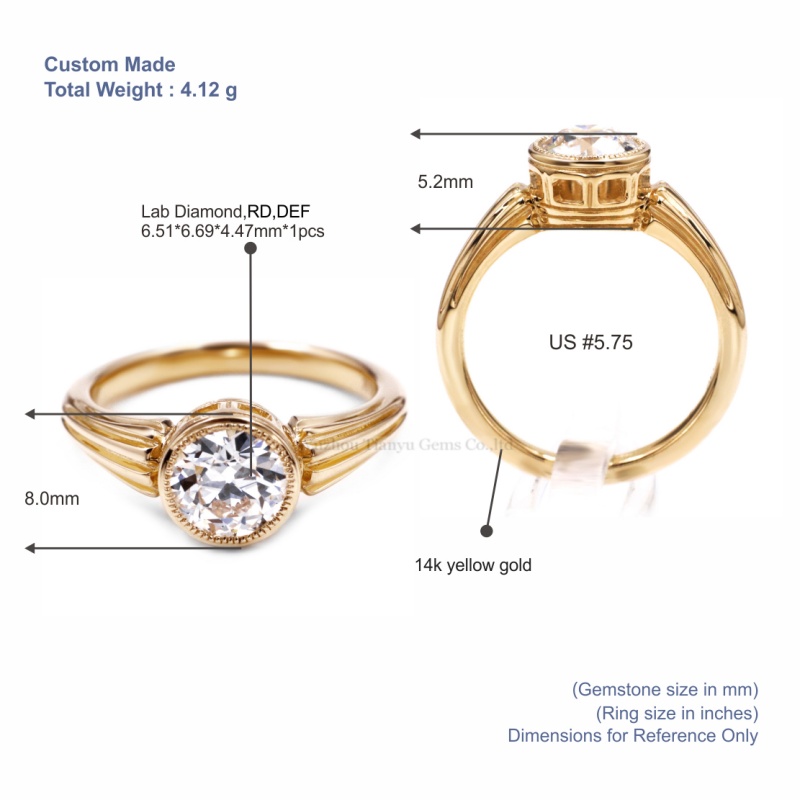 Tianyu Gems Lab Gronw Diamond Yellow Gold Ring 14k Bezel Engagement Ring 5