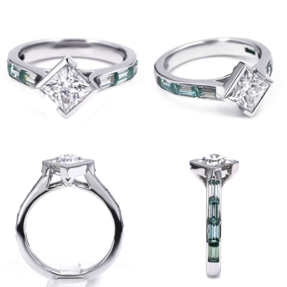 แหวนเพชรโมอิสซาไนต์ทรงเจ้าหญิงจาก Tianyu Gems ตัวเรือนทองคำขาว 10k โมอิสซาไนต์สีเขียว 6