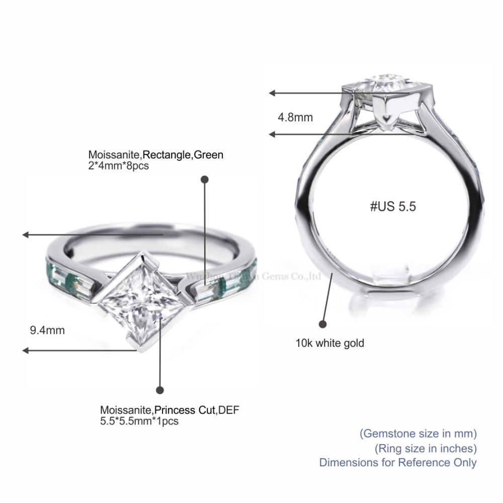 แหวนเพชรโมอิสซาไนต์ทรงเจ้าหญิงจาก Tianyu Gems ตัวเรือนทองคำขาว 10k โมอิสซาไนต์สีเขียว 5