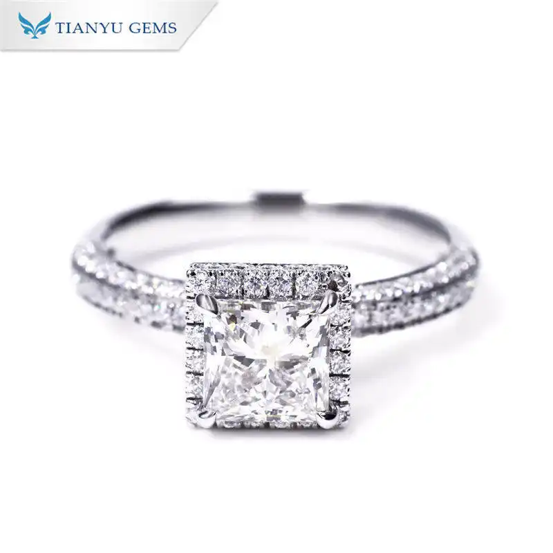 톈위 젬스 프린세스컷 랩그로운 다이아몬드 반지, 14K 골드 반지, 여성용 모이사나이트 그룹 다이아몬드 반지 1