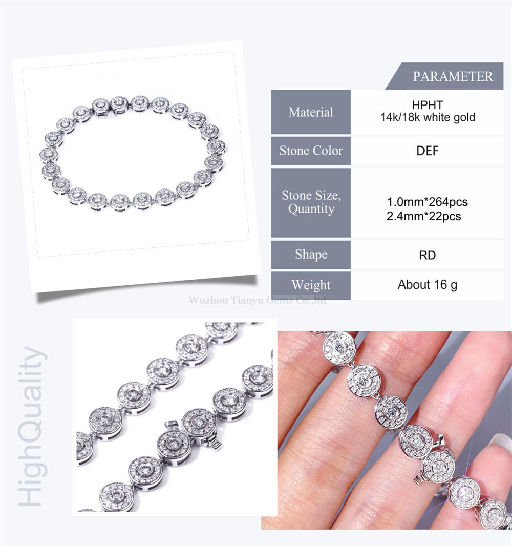 Tianyu gems Full lab diamond Solid White Gold Bezel Setting Party Chain Bracelet 8