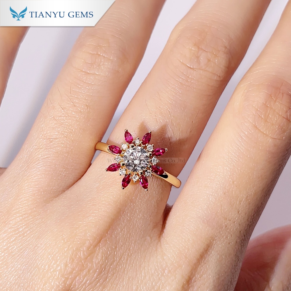 Pengilang Barang Kemas Emas Tianyu Gems Cincin Bunga Delima Cincin Emas Berlian Makmal 14k 4