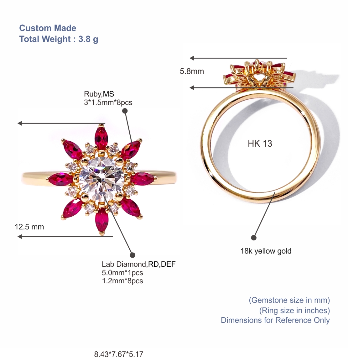 Pengilang Barang Kemas Emas Tianyu Gems Cincin Bunga Delima Cincin Emas Berlian Makmal 14k 5